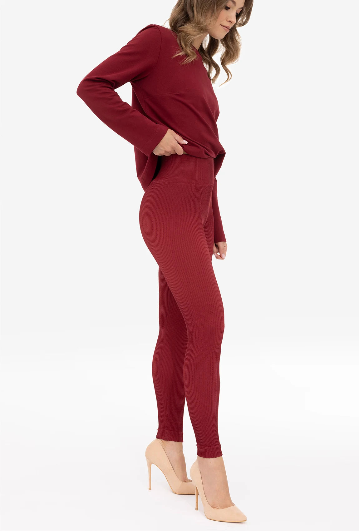 Bordowe legginsy w prążek Nana - Gatta