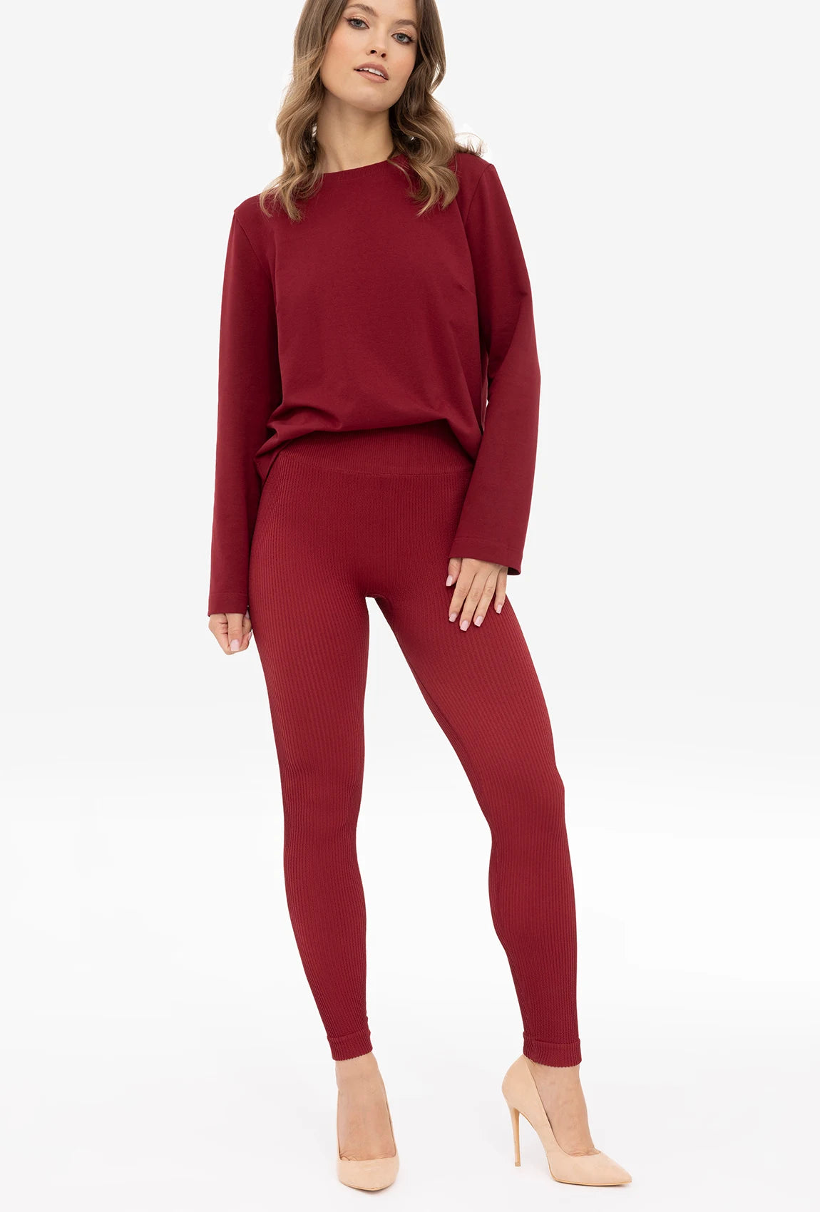 Bordowe legginsy w prążek Nana - Gatta